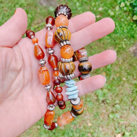 Y2K Carnelian Howlite Glass Wood Boho Artisan Chunky Beaded Necklace 27" - Picture 7 of 11